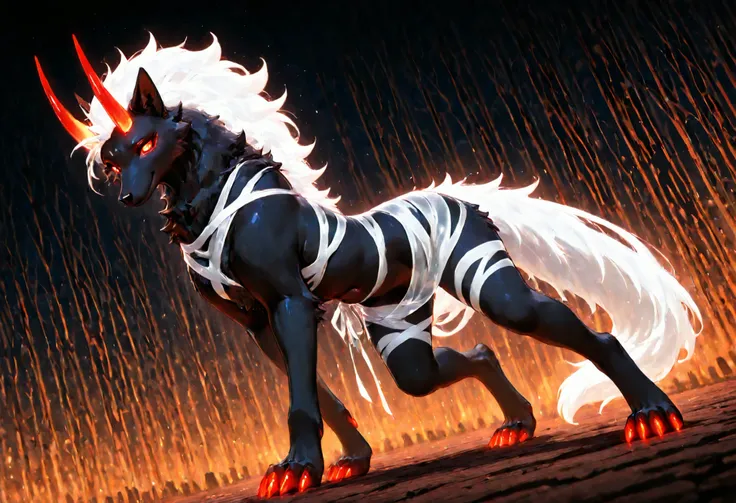 sharrax, ((((feral)))), ((female)), straight glowing horns,red glowing claws, pitch black body fur, luminous white mane, luminous white-black tail,abstract painting, jet black background , 8K resolution, High detail, light cross-laced clothes, navel, white...