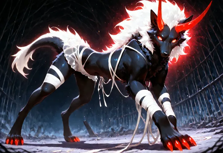 sharrax, ((((feral)))), ((female)), straight glowing horns,red glowing claws, pitch black body fur, luminous white mane, luminous white-black tail,abstract painting, jet black background , 8K resolution, High detail, light cross-laced clothes, navel, white...