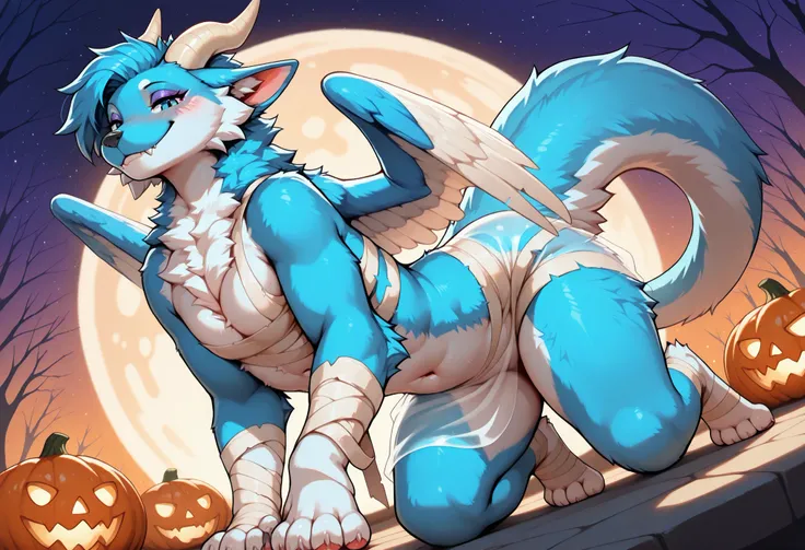  darra, furred dragon, female, feral, white and blue fur, wings, horns, tail, chest fluff, paws, fangs, ton back, beautiful illustration,glowing, 8K resolution, High detail, light cross-laced clothes, navel, white see-through tied skirt, dutch angle, (mast...