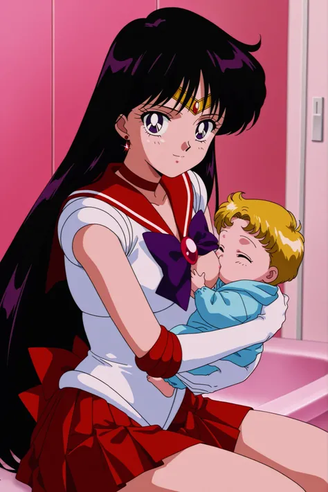 itou_ikuko,masterpiece,best quality,good quality, 1990s (style), anime coloring, retro_artstyle, 1girl, rei hino, hino rei, black hair, long hair, purple eyes, parted bangs, retro artstyle, mature female, small breasts, anime screencap, solo, looking at vi...