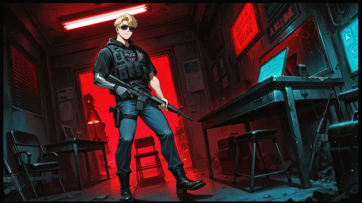 c-m16, holding m16,, 1boy, 28 years old, solo, male focus, Cyberpunk anime illustration of a grim cyber-police detective discovering key evidence inside an abandoned motel room, holding his M16A2 rifle low as he inspects a glowing data drive on a dusty tab...