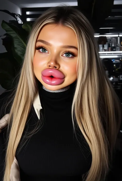 Ultra-realistic front view portrait of a super cute young woman in her 20s with platinum blonde hair with black roots. She has a puffy face and long eyelashes. Her facial features are huge fake round bimbo lips, glossy and overfilled, and she has round che...