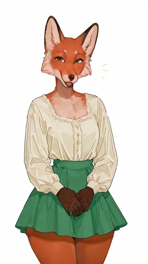 realistic, anthro, fox, orange fur, big hips, looks at the viewer, blouse, mini skirt,