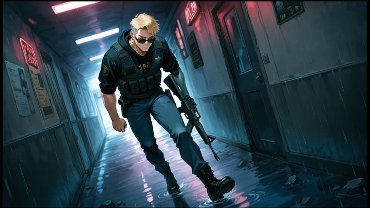 c-m16, holding m16,, 1boy, 28 years old, solo, male focus, Cyberpunk anime illustration of a grim cyber-police detective confronting a criminal suspect in the rain-soaked motel hallway. The detective — a light-skinned man in his late twenties with short bl...