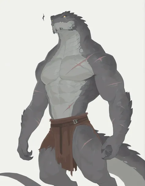 masterpiece, best quality, amazing quality, very aesthetic, absurdres, newest, scenery, extreme detail, 8k, dnd, anthro lizard, detailed eyes, yellow eyes, lizardfolk, male, scalie, hunk, gray body, strong hands, black back, solo, bara, detailed skin, scar...