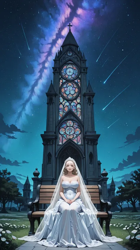 Highest Quality, with shop stickers, 16 kg, is unbelievably ridiculous, very detailed, 2.5d,  Delicate and Dynamic, church, vibrant colored stained glass, Little Faint Light and Flying Fireflies, night, starry sky, Milky Way, nebula, shooting stars, flower...