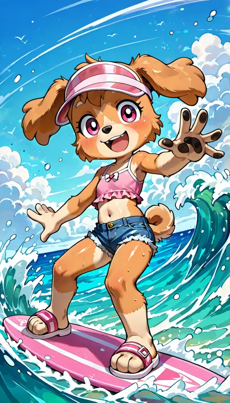 score_9, score_8_up, score_8, source_cartoon, source_furry, 1girl, solo, Skye(PP), dog, anthro, dog, furry, Cockapoo, pink eyes, golden-brown body fur, golden-brown hair, cute face, 4 fingers, ((pink visor cap, pink frilly tankini, midriff, denim shorts, s...