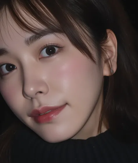 The image is a close-up photograph of a young Asian woman with a fair complexion. Her face dominates the frame, occupying the majority of the image, with her eyes, nose, and lips prominently visible. She has large, almond-shaped eyes with long, thick eyela...