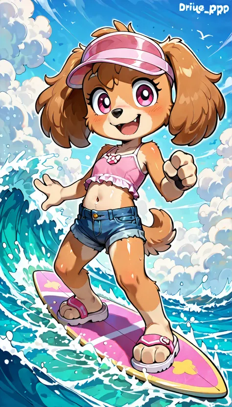 score_9, score_8_up, score_8, source_cartoon, source_furry, 1girl, solo, Skye(PP), dog, anthro, dog, furry, Cockapoo, pink eyes, golden-brown body fur, golden-brown hair, cute face, 4 fingers, ((pink visor cap, pink frilly tankini, midriff, denim shorts, s...