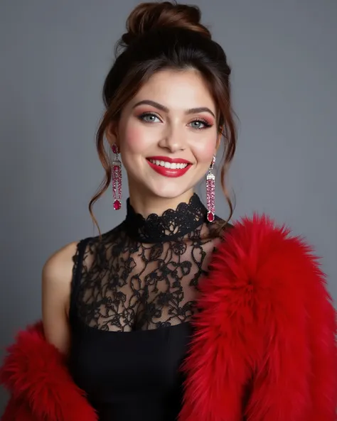 , Full body image of a 20-year-old Indian girl with smiling look, fair skin tone, light grey eyes, fox eyelashes, thin eyebrows, black eye liner, silver eyeshadow, natural blush, and red lipstick. Her hairs are brown, wavy and has a bun with a few loose st...