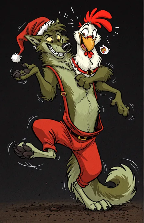 A anthropomorphic wolf character, the main subject, is depicted embracing a white turkey. The wolf, with olive green fur and a friendly but mischievous expression, wears red Santa's clothes with Santa's hat, and stands with a somewhat bent stance, suggesti...