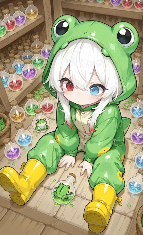Melys Chibi, masterpiece, best quality, ultra-detailed:1.3, chibi style, overhead view, 1girl, pure white hair with soft gradient red tips, heterochromia, fair skin, wearing frog onesie, yellow rain boots, sitting on floor organizing potion ingredients, su...