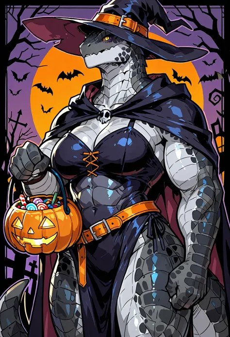 lizardfolk, muscular female, in witch costume, halloween, black scales, detailed scales, warrior in witch cosplay