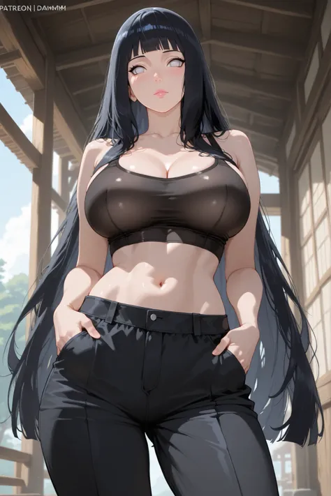 "a girl with physical characteristics similar to Hinata Hyuga in the Naruto anime series, long flowing black hair with wavy ends, bangs, soft pale lavender eyes without pupils, full pink lips with a sexy body shape, very large breasts with a prominent clea...