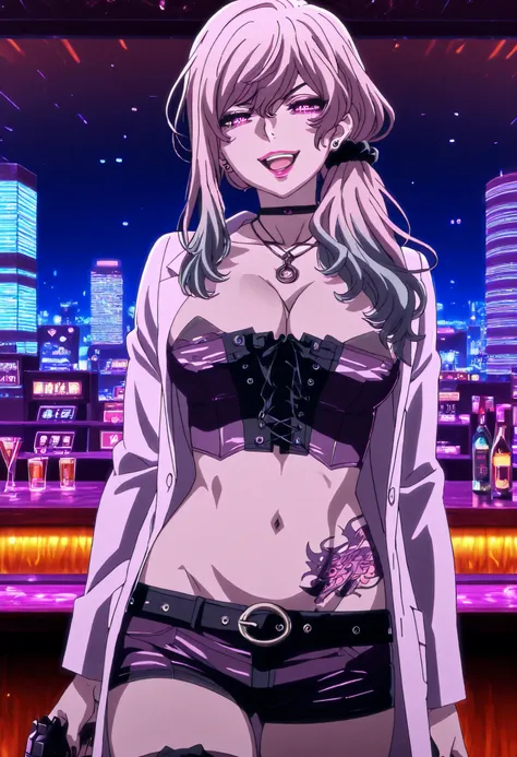 Akudama Drive（doctor）slender、nail polish, ear piercing, long hair, , lipstick, Hot girl, baddie,, sensual, attractive ,choker , cross necklace, thighhighs, shorts, belt, labcoat, cleavage, jewelry, necklace, nail polish, corset,bar background, inside bar, ...