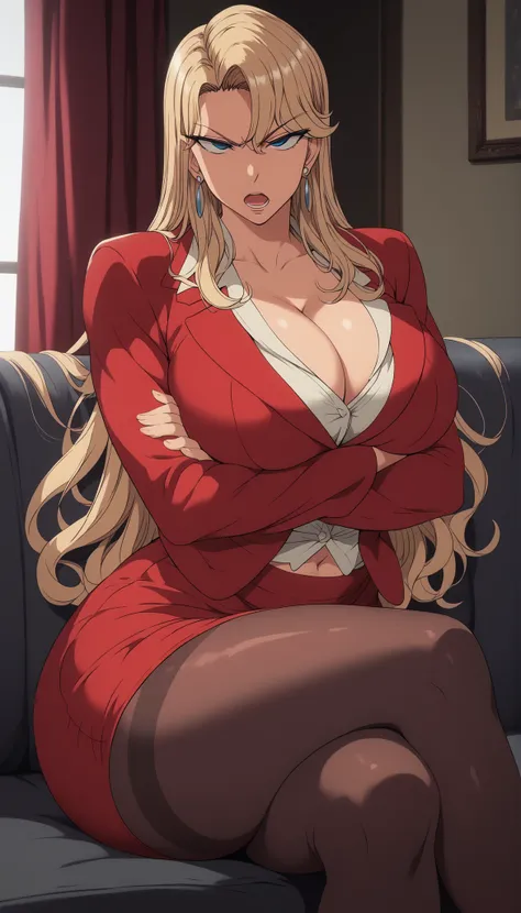 Reika Kurashiki, 
最high quality, masterpiece, Very detailed, high quality, High resolution, One woman, Mature Woman, Blonde hair, blue eyes, Earrings, beautiful, beautiful and perfect face, annoyed, serious face, Open your mouth, looking at viewers,Red ski...