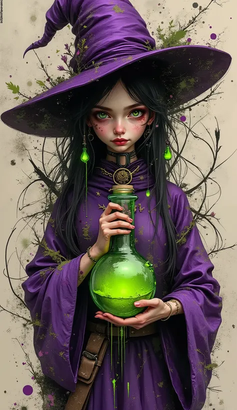 collage art, surrealism, reminiscent of the Black Magic, Combining a minimalist profile with blended identity. Scrawny petite delicate thin 14yo witch holding a round-bottom flask filled with a glowing green poisonous liquid. She wears a purple old robe an...