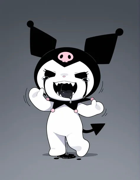 kuromi,,, solo, furry, chibi, Solid black eyes, no eyes, eyes stay open, mouth opens wide, slowly waving, hand stays up, long black tongue, black dripping ichor, very slow drip, small saliva, black tears, very small saliva, very subtle jiggle, moving backg...