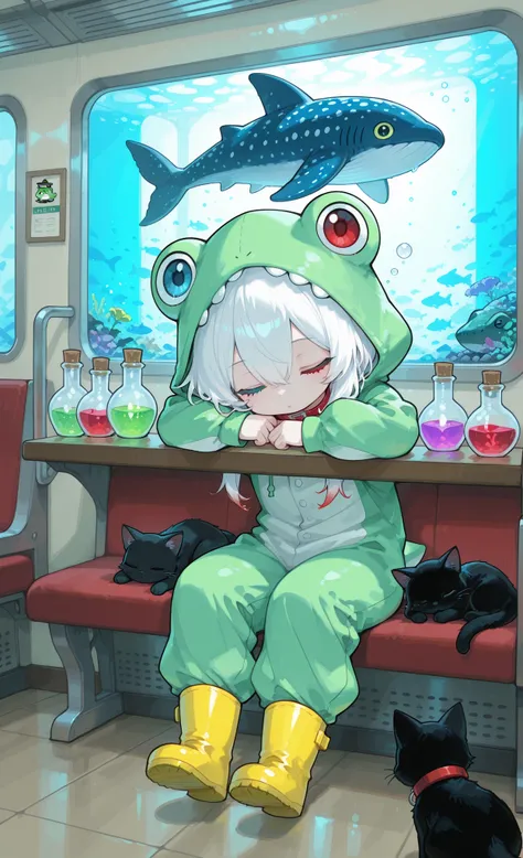 Melys Chibi,masterpiece, best quality, ultra-detailed:1.3, chibi style, 1girl, pure white hair with soft gradient red tips, heterochromia crimson red right eye:1.3 and ice blue left eye:1.3, fair skin, wearing bright green frog onesie, yellow rain boots, s...