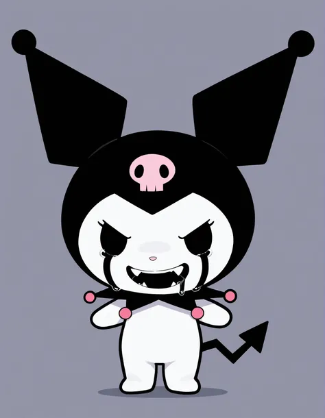 kuromi,,, solo, furry, chibi, Slow movement, solid black eyes, no eyes, black tears, very small saliva, black saliva, furry rabbit girl, sharp fangs, wide grin, black tongue