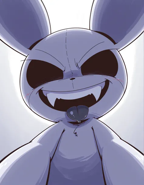 nettsuu_style,, solo, Slow movement, solid black eyes, no eyes, furry rabbit girl, sharp fangs, wide grin, black tongue