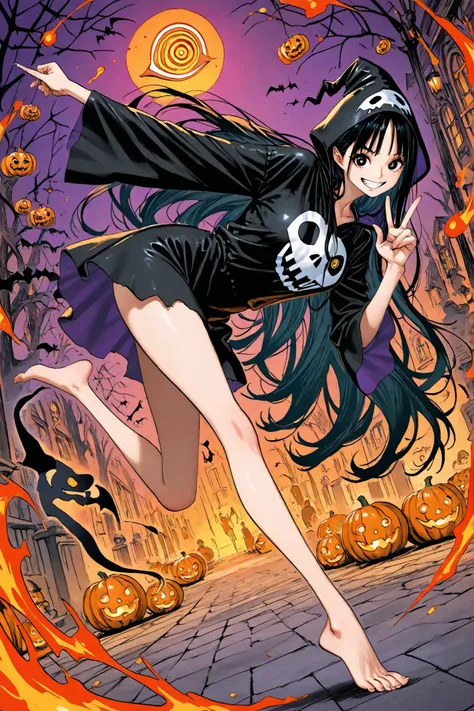 (overview), masterpiece, Highest Quality,  girl 1 , beautiful, VERY LONG BLACK HAIR,  Eye of Fire, big eyes, Cute Nose, Brutal Smile , teeth, Black Ghost Cosplay, Food, (V Fingers), Long Legs, Barefoot, Implicit Activities, Effects of Movement ,  dynamic p...