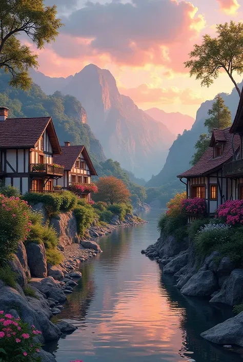 a small village by the river，Background is mountains，Flowers bloom，Brightly colored，Detailed Scenery，Beautiful Natural Scenery，Ambiance Lighting，Burning Sunsets，warm colors，utility，utility摄影，Detailed Leaves，Intricate architecture，cobblestone streets，charmi...
