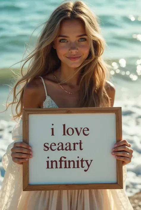 a beautiful girl with long wavy hair，wearing a bohemian dress，holding a white board with the words “I Love SeaArt Infinity” written on it，Also show the audience