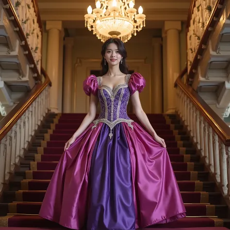 Luxurious ball dresses and ornaments reminiscent of Japan's top idols gracefully descending stairs、movie「Gone with the Wind」古典的なハリウッドmovieのような彩度と色彩、Exquisitely embroidered fuchsia and blue-violet mixed silk satin dress、 (full body shot from head to calf:1....