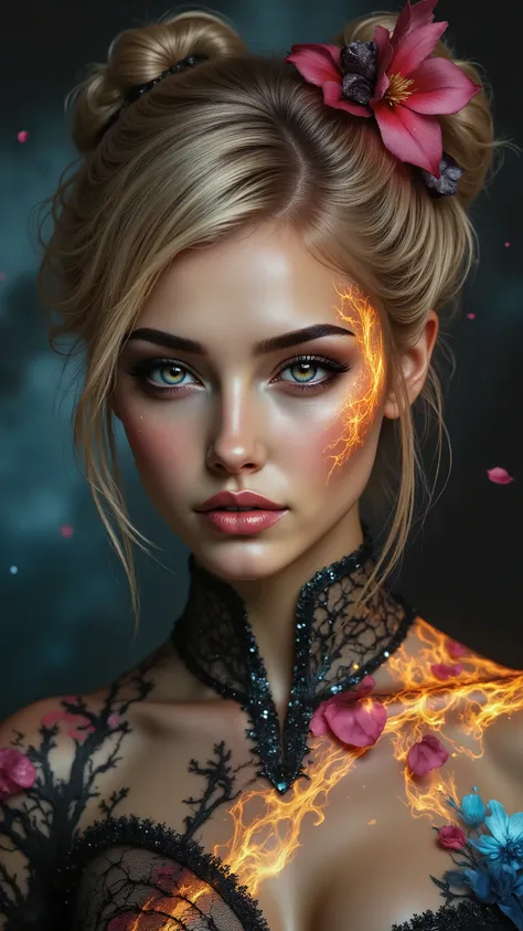 Ultra-realistic (photorealistic Realism) , "UHD, Hyper high resolution" - "(Hyper quality, intricately ultra-detailed digital art)" (Key Directive: - ("The priority is the anatomical accuracy and texture of the materials" - "Ultra-sharp human eyes with bi...