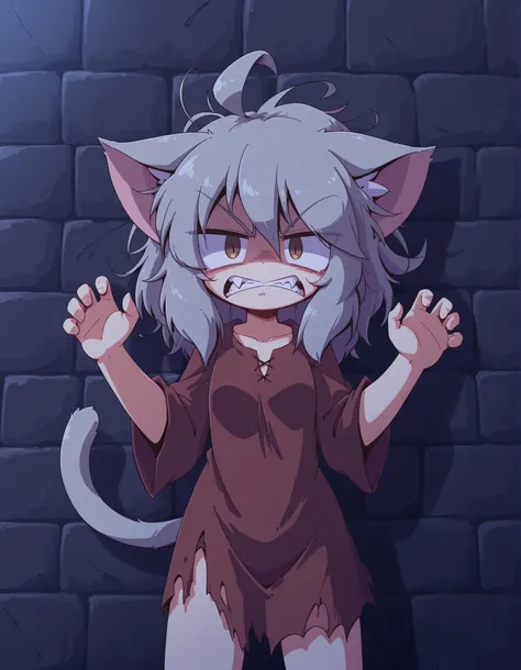 nettsuu_style,, 1girl, petite, (skinny and frail:0.7), cat girl, against wall, stone wall, brown eyes,looking at viewer, grey hair, medium hair, messy hair, angry, (scared:0.4), (open mouth:0.5), fangs, hands up, (tearing up:0.5), tail raised, torn clothes...