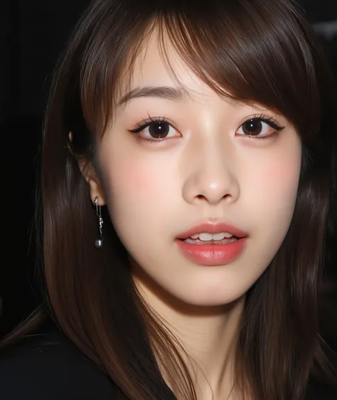 The image is a close-up photograph of a young Asian woman with a fair complexion. Her face dominates the frame, occupying the majority of the image, with her eyes, nose, and lips prominently visible. She has large, almond-shaped eyes with long, thick eyela...