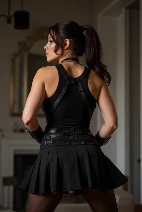 intimidating rear view of dominant European woman with stout powerful physique, wide commanding hips and thick muscular legs planted firmly in power stance, head barely turned showing just a sliver of her stern profile and piercing eye, dark brown wavy hai...