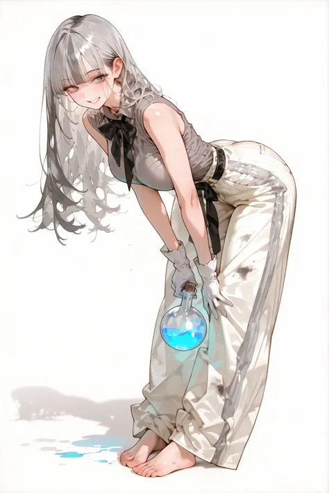 Cute girl,ladyshadow,1adult woman,solo, (gray inner color),long hair(with bangs raised),slightly larger breasts,wide hips,gray eyes,clothes based on white and gray(researcher style,gray sleeveless shirt,black bow tie,white gloves,white striped pants,Barefo...