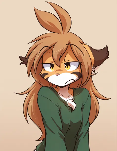 nettsuu_style,, furry, solo, flora-twokinds, flora_twokinds,, tiger, striped fur, keidran, yellow eyes, anthro, simple background,,, green shirt