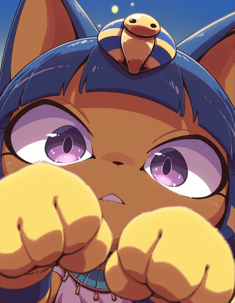 nettsuu_style,, depth of field, 1girl, furry, ankha \(animal crossing\), expressionless, eye reflection, yellow background, yellow theme, blue background, desert,, purple eyes, glowing eyes, wide-eyed, paw pose, looking at viewer, close-up, parted lips,