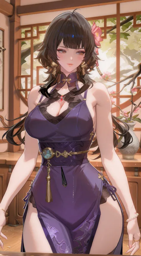 there is a woman with a purple dress posing for a picture, japanese goddess, gorgeous chinese model, sakimichan, bust with a beautiful neck, 中 元 节, bust with a long beautiful neck, 奈良美智, anime girl in real life, cheongsam, beautiful asian girl, seductive a...