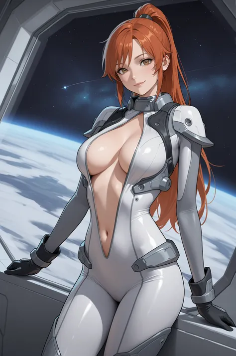 masterpiece, good quality, best quality, very awa, very as2, absurdres, highres
long hair, srahkrrign, ponytail, bodysuit, gloves, skin tight, center opening, in a space station, stars outside window, undressing. smile, hands on suit
fontez