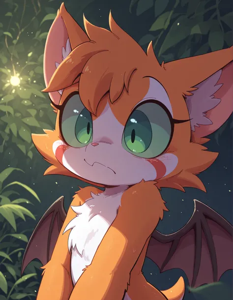 nettsuu_style,, masterpiece, best quality, very aesthetic, (1girl:0.7),, (solo:1.3), furry, fidget \(elysian tail\), nimbat, fidget_daet, anthro, furry female, wings, tail, green eyes, colored sclera, bat wings, facial markings, orange fur, white fur, two-...