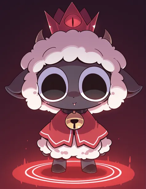 nettsuu_style,, masterpiece, best quality, very aesthetic, 1girl, solo, cult of the lamb, sheep girl, collar, horizontal pupils, red/black eyes, red crown,