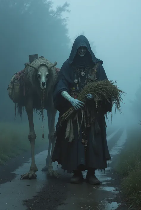 (masterpiece, best quality, ultra-detailed, cinematic lighting),
a mysterious traveling merchant standing on a fog-covered road in the early morning,
the man wears a dark hooded cloak and stares at the viewer with an eerie, unsettling smile,
pale and thin ...