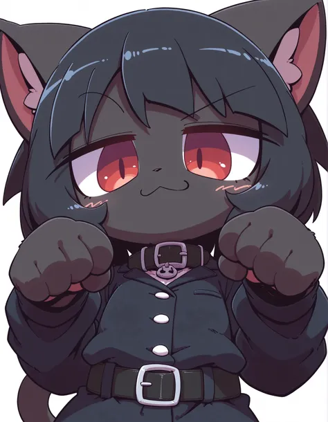 nettsuu_style,, masterpiece, best quality, very aesthetic, 1girl, solo, white background, looking at viewer, portrait, paw pose, :3, furry female, cat girl, animal ears, black hair, short hair, black skin, red eyes, cat tail, black jacket, buttons, long sl...