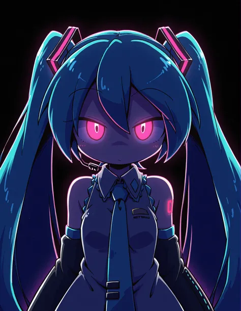 nettsuu_style,, Hatsune Miku,limited palette,black background,colorful,vibrant,glowing outline,neon,blacklight,looking at viewer, masterpiece, very aesthetic,