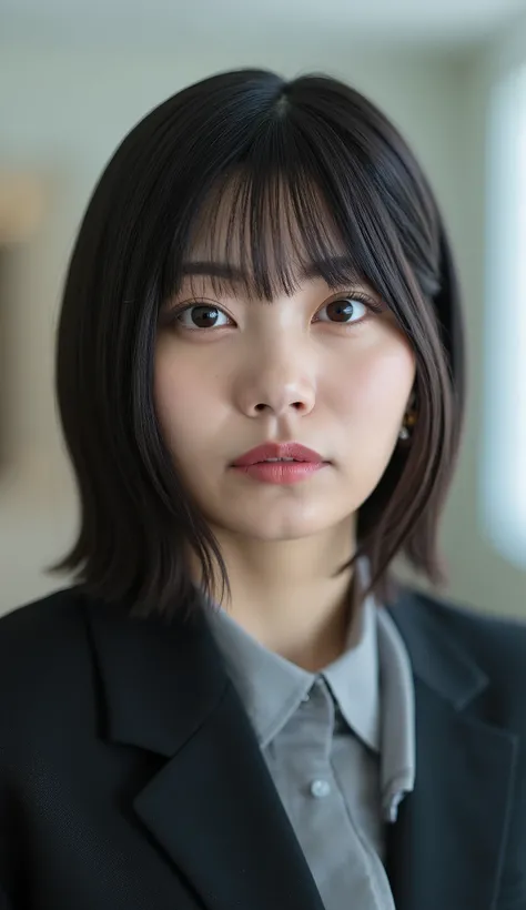 Neat Young Woman、looking at the camera、office lady suit、jacket、shirt、Ear piercings、前髪あり、hairstyle short bob、薄い茶髪、No expression、has closed its mouth、、face close-up、The background is office

