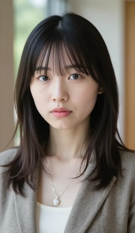 Neat Young Woman、and look at the camera、office lady suit、jacket、shirt、necklace、、ear piercing、前髪あり、No expression、has closed its mouth、顔のクローズアップ、The background is office