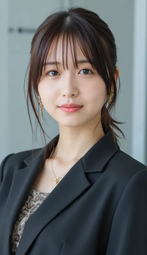 Neat Young Woman、and look at the camera、office lady suit、jacket、shirt、necklace、、ear piercing、前髪あり、No expression、has closed its mouth、顔のクローズアップ、The background is office