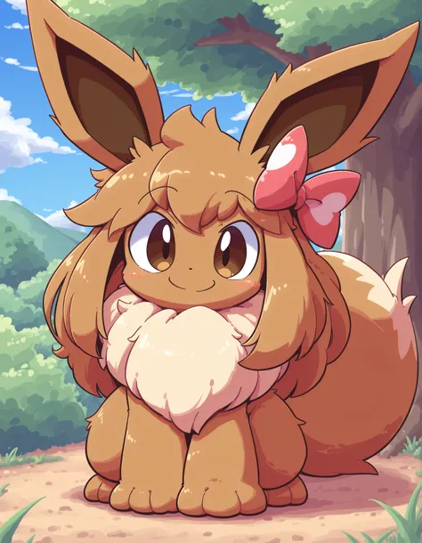 nettsuu_style,, pokekid, eevee, fluffy girl, furry girl, female, smile, smiling, has a big pretty bow in her hair, has animal paws for hands, 1girl, best quality, outdoors, high definition, cute,