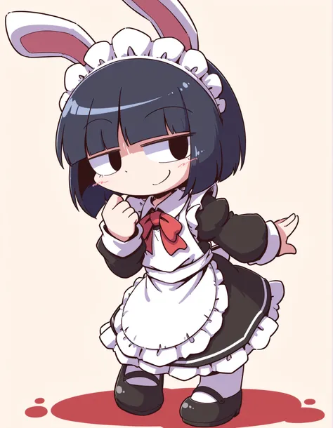 nettsuu_style,, solo, Maya Hell,black eyes,dark hair,bob cut,Maid Outfit、White Apron、White Headdress、 with rabbit ears、cafe