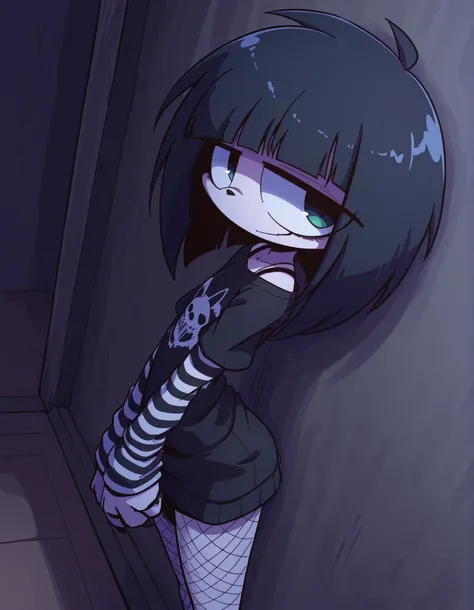 nettsuu_style,, volumetric_lighting, chiaroscuro_lighting, vibrant, shaders, high_angle, against_the_wall, arched_back, 1girl, interior, solo, detailed, furry, cat, skinny, smug, ((cute_clothes, emo, fishnets)), white_fur, cute, claws, stare, soft_light, s...