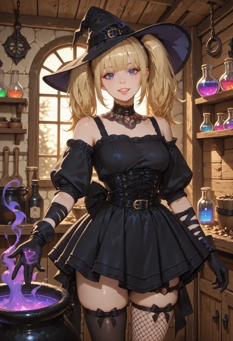 1 girl, Ani (Grok), blonde hair, twintails, long hair, blue eyes, witch hat, lace choker spreading over collarbones, gothic, corset, belt, back bow, elbow-length black gloves, ribbon arm wraps, asymmetrical thigh-highs: left fishnet stocking with bow garte...
